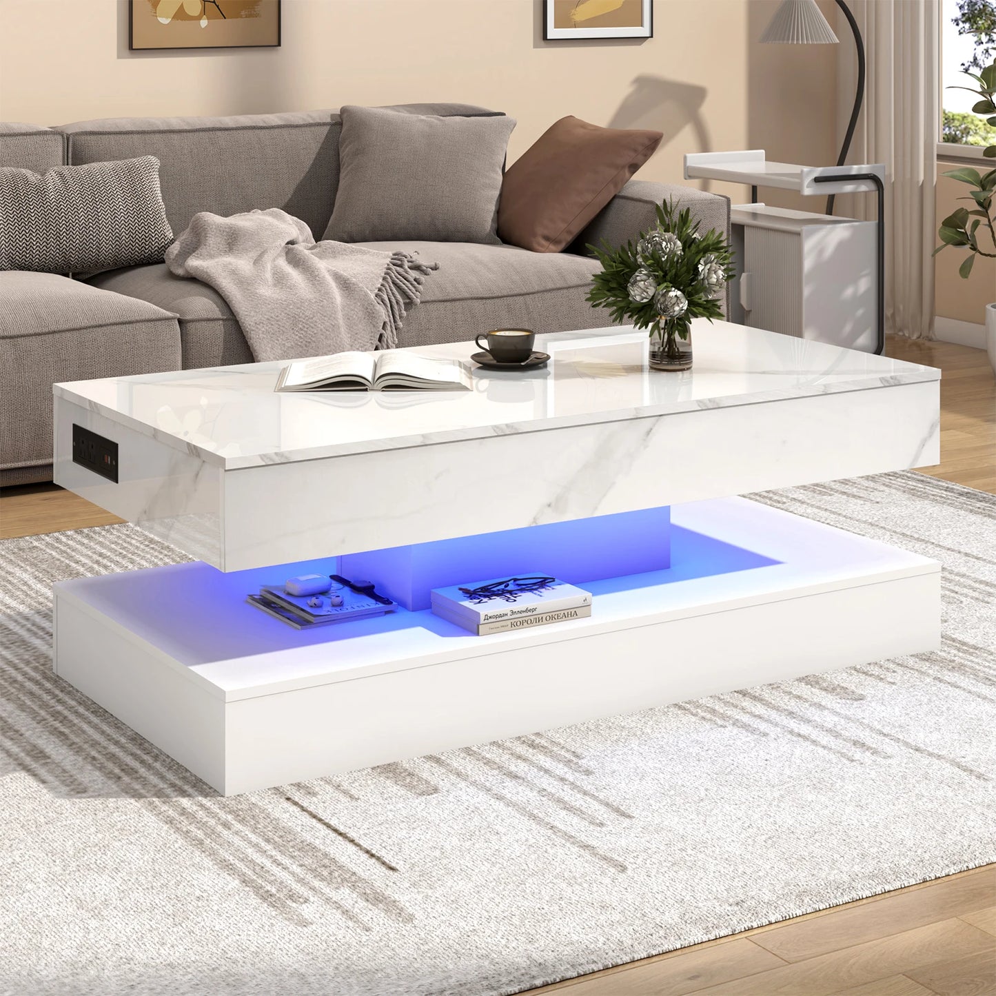 High Glossy LED Coffee Tables for Living Room, Center Table with Open Display Shelf & Large Storage Space, White Coffee Table
