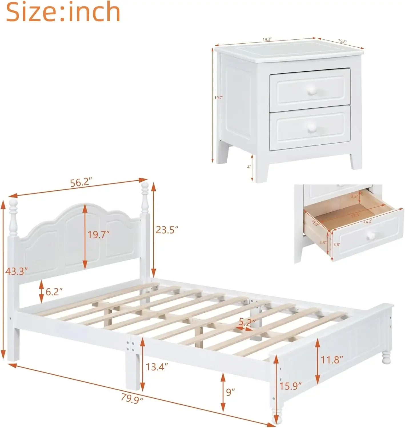 3 Pieces Full Bedroom Sets, Wooden Full Size Platform Bed with 2 Nightstands, Retro Design Full Bedroom