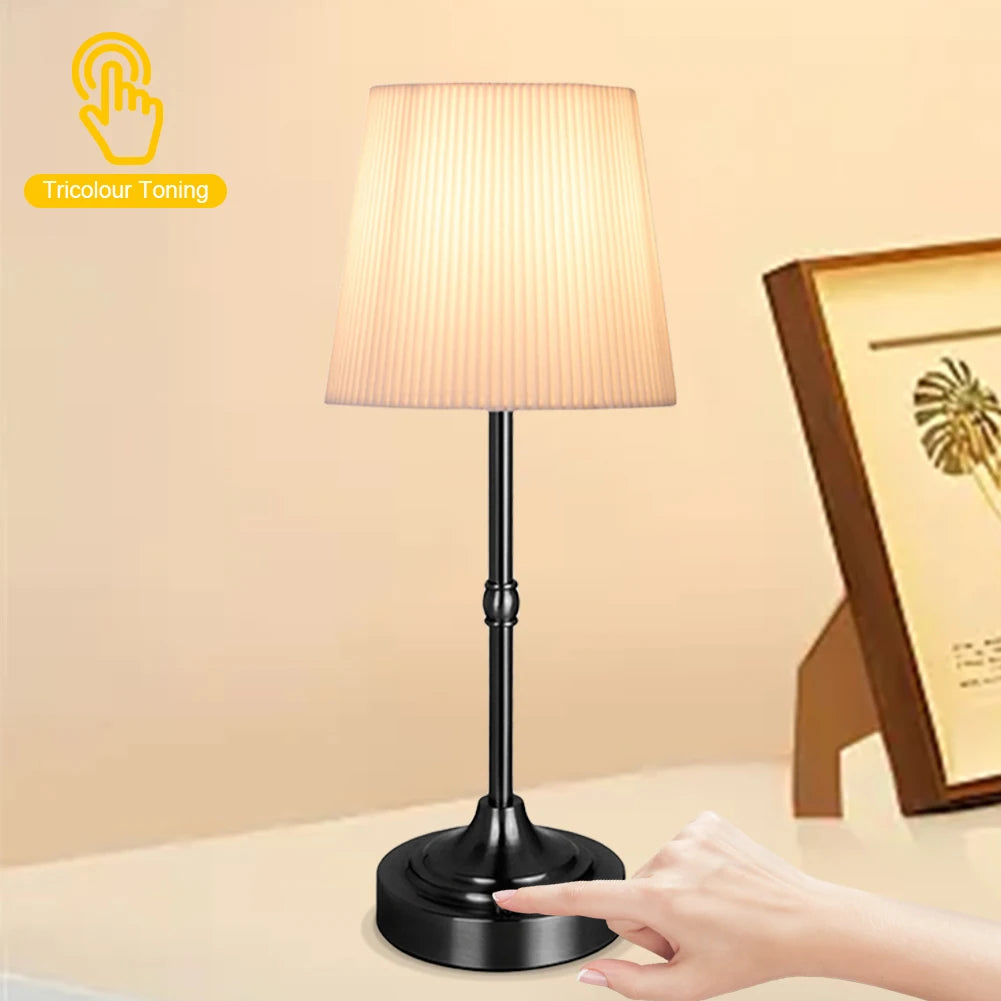 Cordless LED Metal Table Lamp USB Rechargeable Touch Control Portable Fabric Shade Desk Lamp Pleated Decorative Atmosphere Light