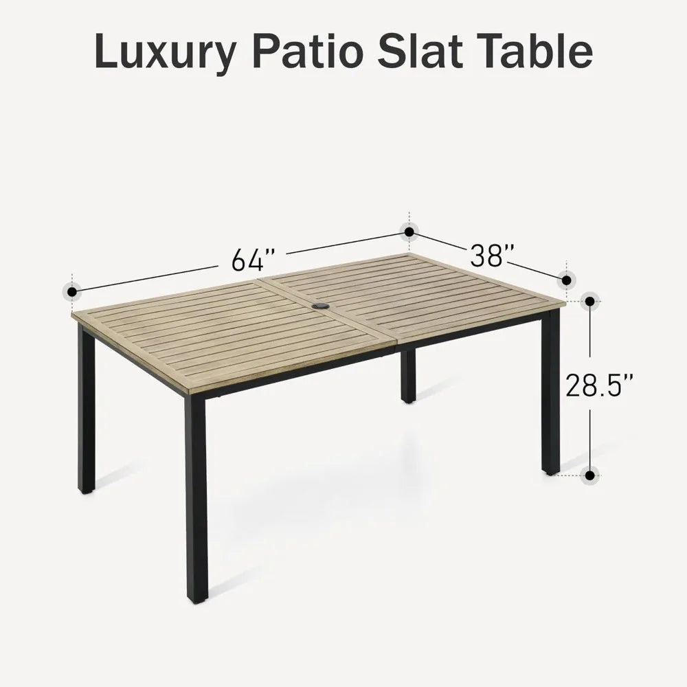 64 Rectangle Outdoor Dining Table, Patio Furniture Wood-Like Tabletop with Umbrella Hole for Patio Lawn Backyard