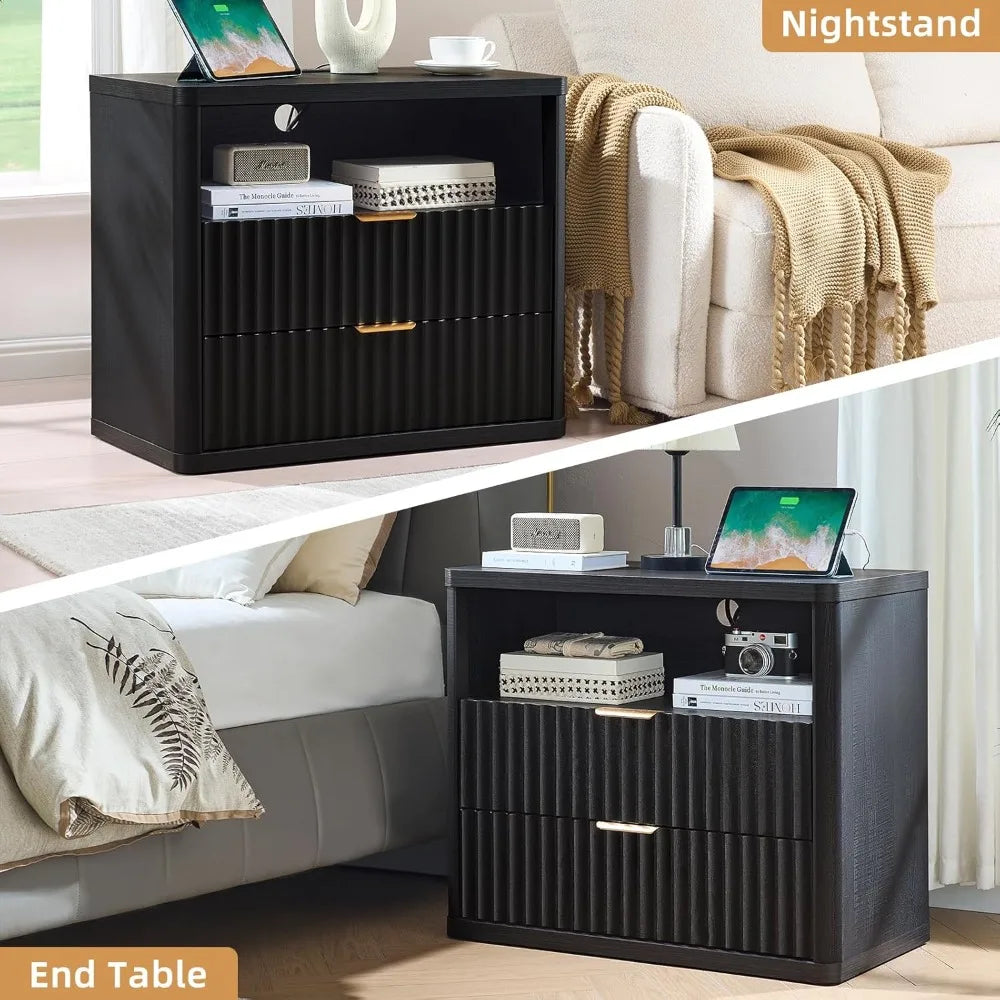 31" Wide Fluted Night Stand Set of 2 with Charging Station, Oversized Extra Large 2 Drawers Nightstand,Black Wood，Customized