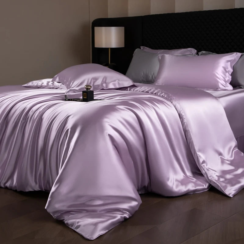 Silk Bed Sheets Set Luxury Bedding Set with Duvet Cover Fitted/Flat Bedheet Pillowcases Mixed with Rayon King Queen Full Twin