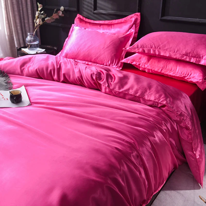 Solid Silk Bedding Set with Bed Sheet Duvet Cover Pillowcase Satin Single Couple Bedsheet King Queen Double Twin Size