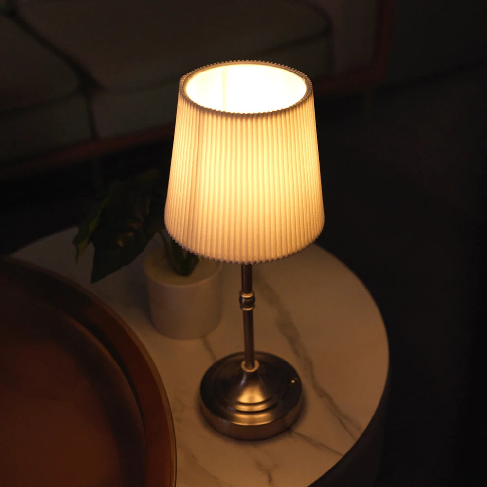 Cordless LED Metal Table Lamp USB Rechargeable Touch Control Portable Fabric Shade Desk Lamp Pleated Decorative Atmosphere Light
