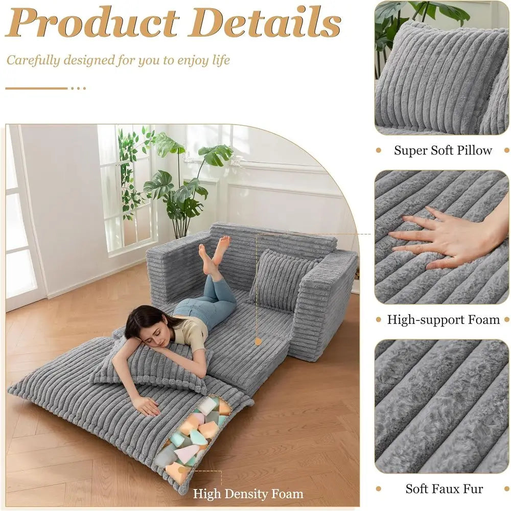 Sleeper Sofa, Convertible Sofa Bed Couch, Living Room, 3-in-1 Pull Out Floor Couch with Washable Cushion and Pillows, Grey