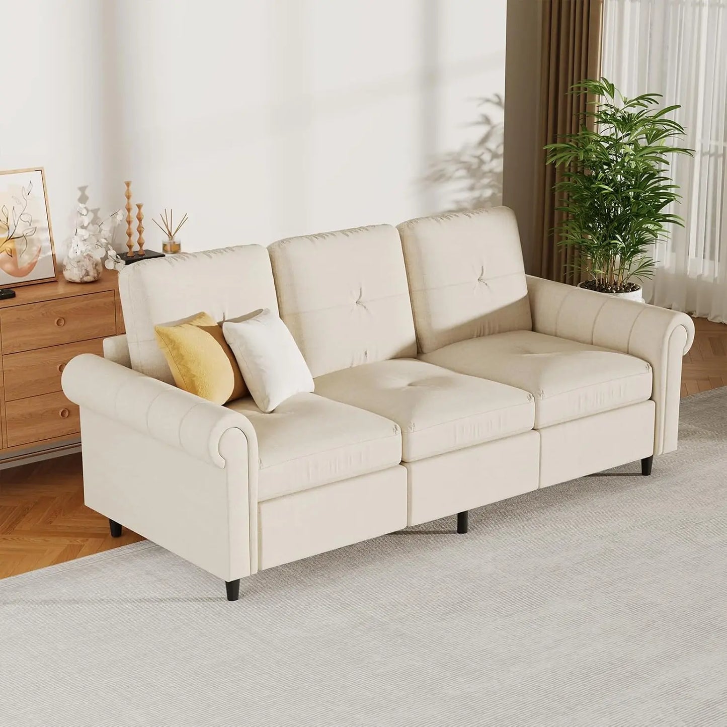 81.1" 3-Seater Fabric Sofa, Modern Brown Living Room Couch with Rolled Arms and Stitch-Tufted Cushions, Comfortable Upholstered