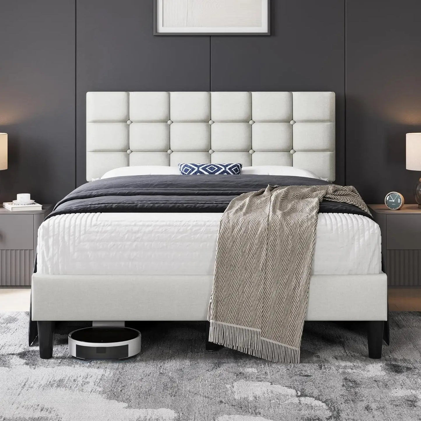 Upholstered Bed Frame, Modern Queen Bed Platform with Square Stitched&Button Tufting Headboard Height Adjustable