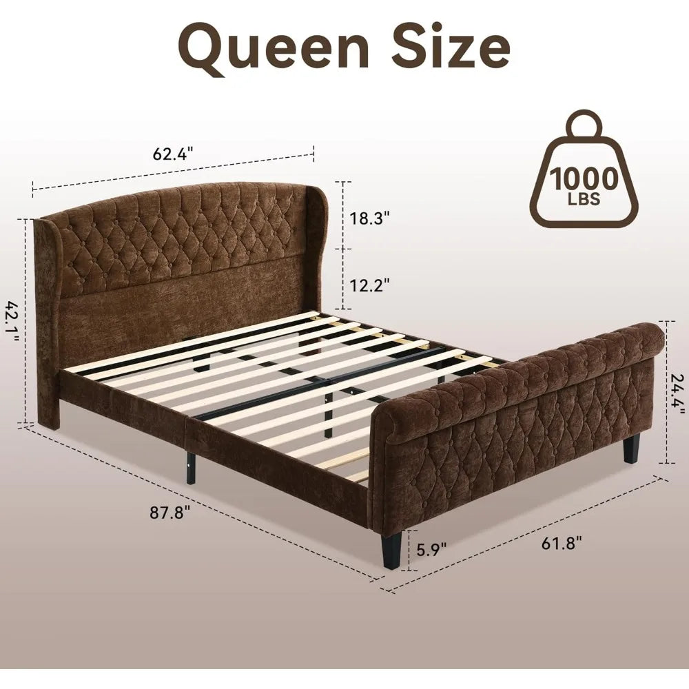 Queen Size Sleigh Bed Frame with Wingback Headboard, Chenille Upholstered Platform Bed Frame with Scroll Footboard,Customized