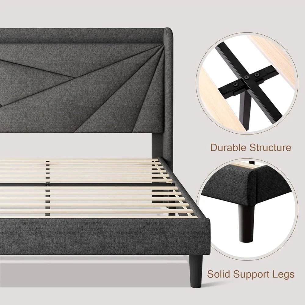 Upholstered Bed Frame with Charging Station, Platform Bed Frame with Storage Headboard, Solid Wood Slats Support, No BBox Spring