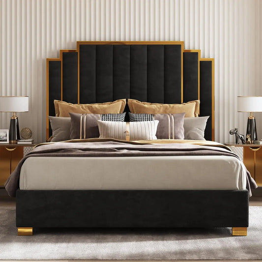 King Size Upholstered Bed, Modern Velvet Bed Frame with 65.4” Tall Gold Trim Headboard, No Box Spring Needed, Black