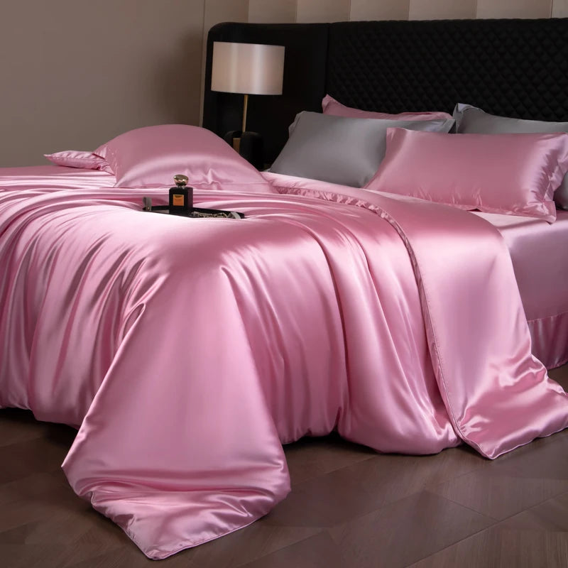 Silk Bed Sheets Set Luxury Bedding Set with Duvet Cover Fitted/Flat Bedheet Pillowcases Mixed with Rayon King Queen Full Twin