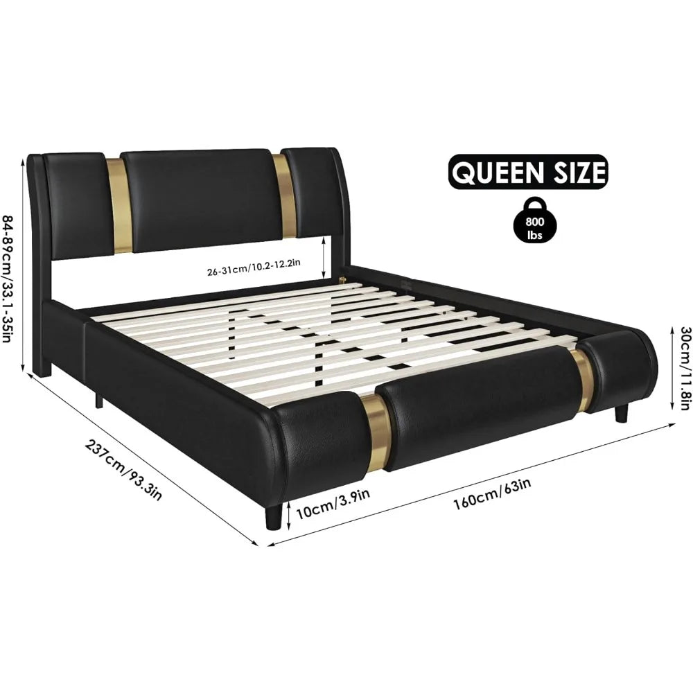 Faux Leather Upholstered Platform Bed Frame with Golden Iron Metal Decor, Adjustable Curved Headboard, Wooden Slats,Customized