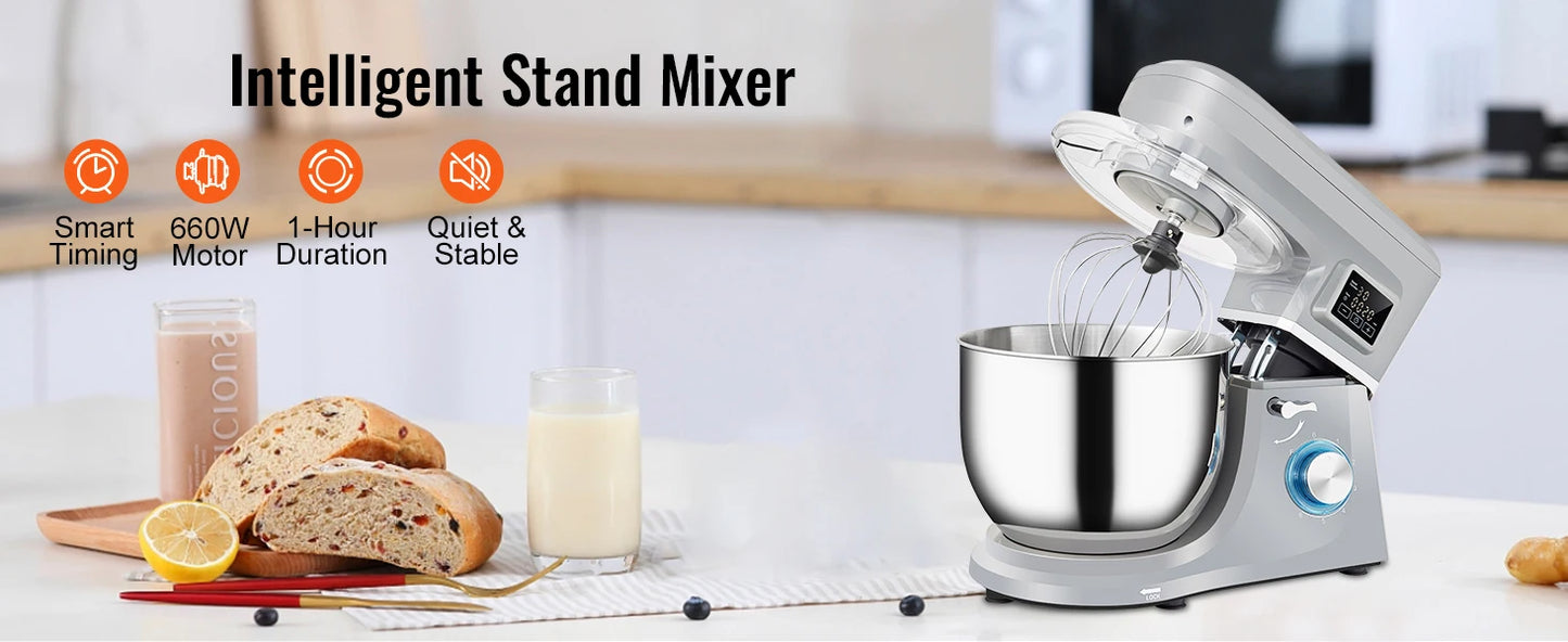 SucceBuy 5 IN 1 Stand Mixer Multifunctional Electric Mixer with 6 Speeds LCD Screen Timing 7.4 Qt Stainless Bowl Dough Hook