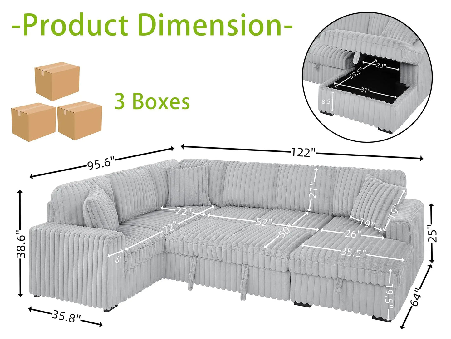 TODRANI 122'' Sectionl Sleeper Sofa, U Shape Sectional Sofa with Pull Out Couch and Storage Chaise&USB Ports