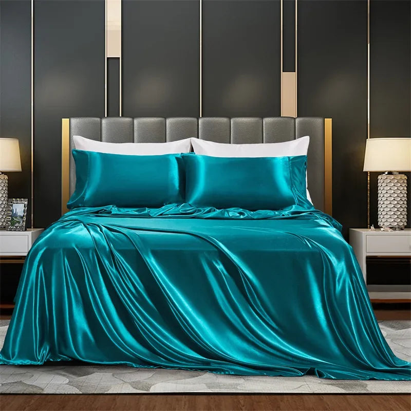 Summer Luxury Satin Silk-like Bed Sheet Set (Flat Sheet/Fitted Sheet + Pillowcase) Solid Color Mattress Cover Twin Full Queen