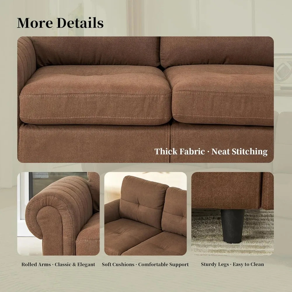 81.1" 3-Seater Fabric Sofa, Modern Brown Living Room Couch with Rolled Arms and Stitch-Tufted Cushions, Comfortable Upholstered