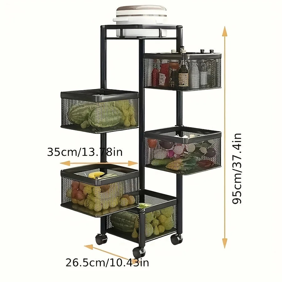 Kitchen Storage Shelf, Rotating 5-Tier Metal Fruit Vegetable Basket, Multi-Layer Storage Trolley on Wheels
