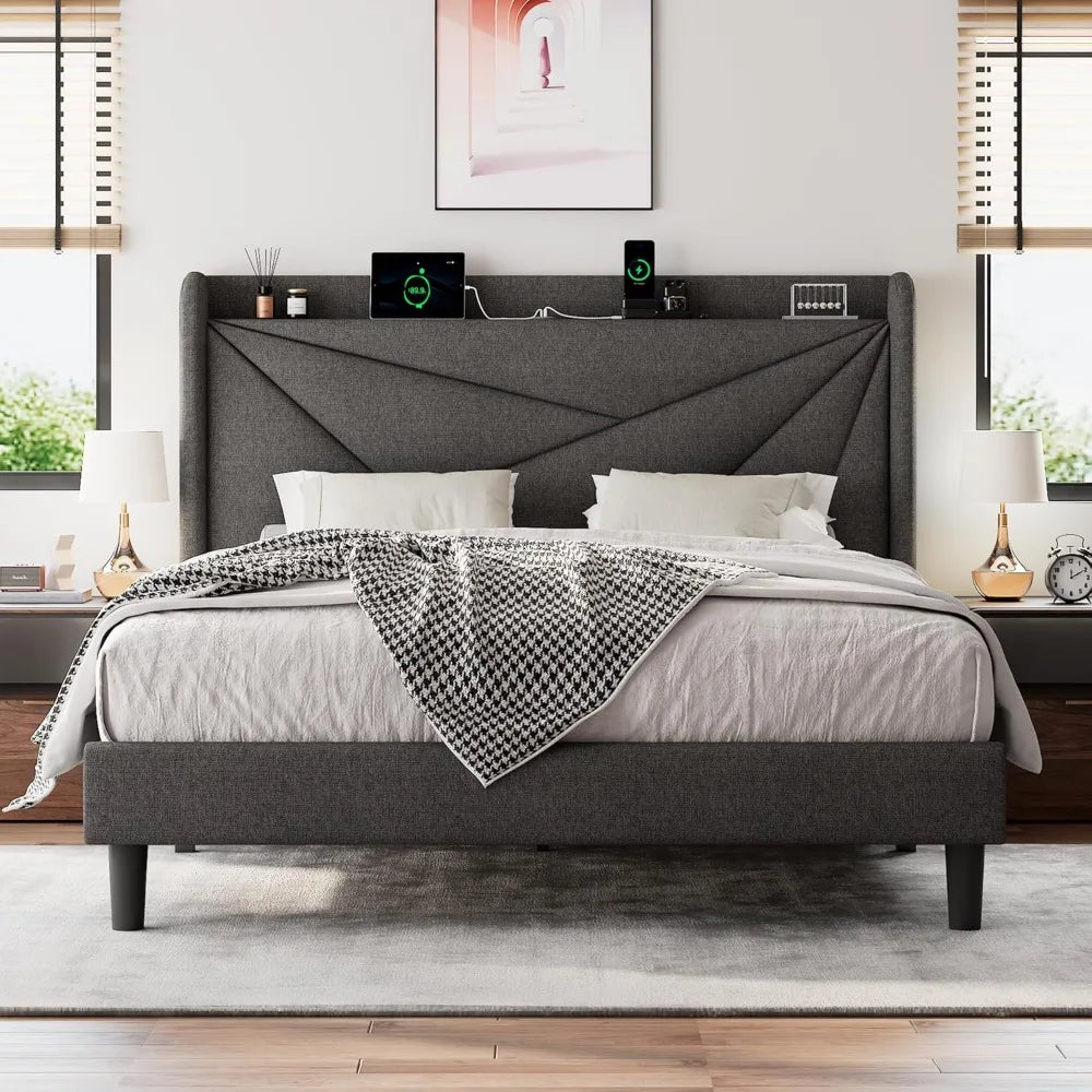 Upholstered Bed Frame with Charging Station, Platform Bed Frame with Storage Headboard, Solid Wood Slats Support, No BBox Spring