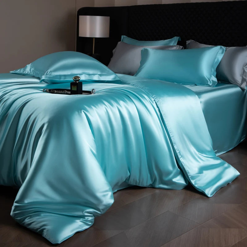 Silk Bed Sheets Set Luxury Bedding Set with Duvet Cover Fitted/Flat Bedheet Pillowcases Mixed with Rayon King Queen Full Twin