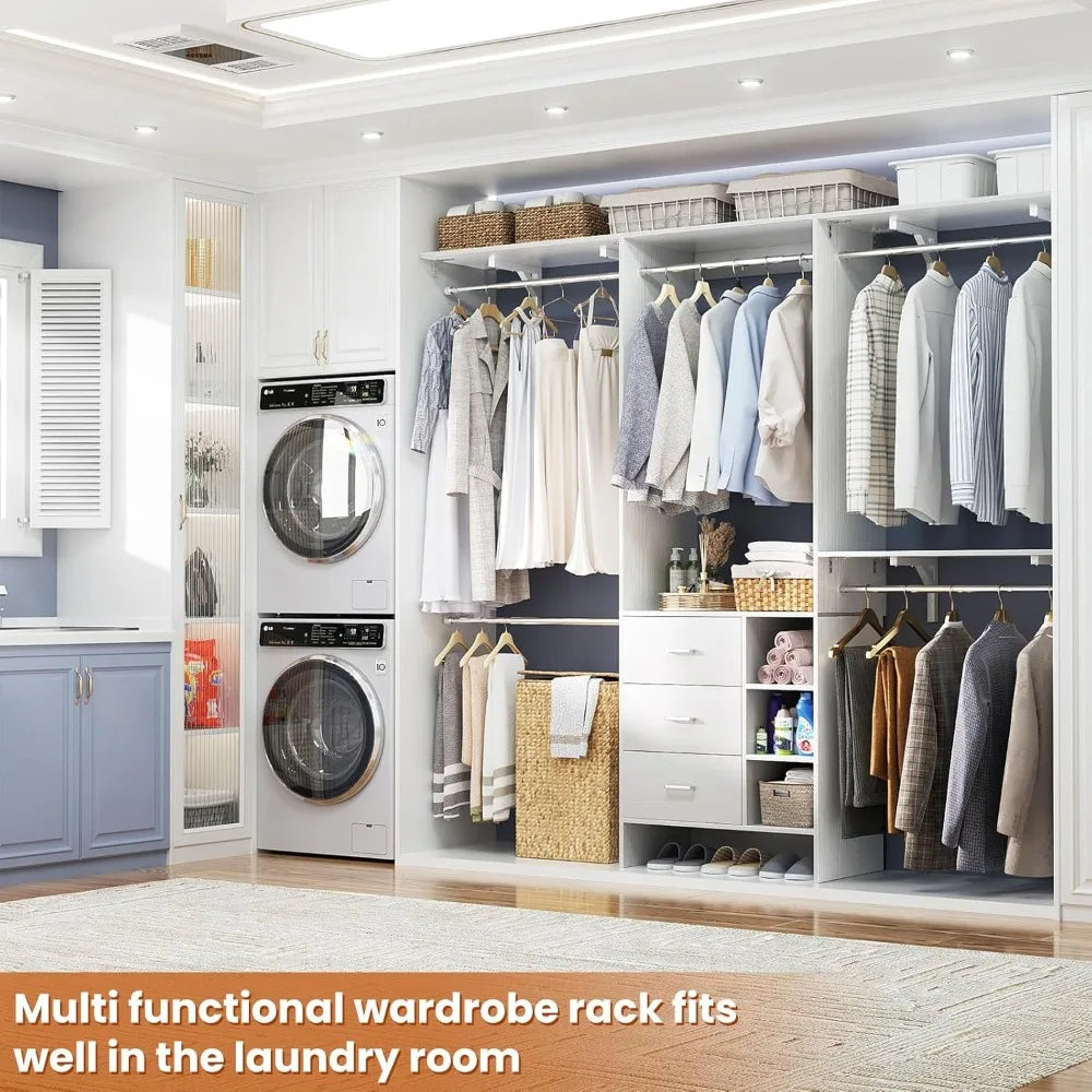 Aheaplus Closet System, Closet Organizer with 3 Wooden Drawers, 8FT Closet Organizer System, 96’’ Walk-in Closet Wardrobe Clothe