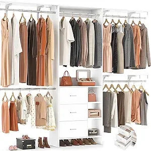 Aheaplus Closet System, Closet Organizer with 3 Wooden Drawers, 8FT Closet Organizer System, 96’’ Walk-in Closet Wardrobe Clothe