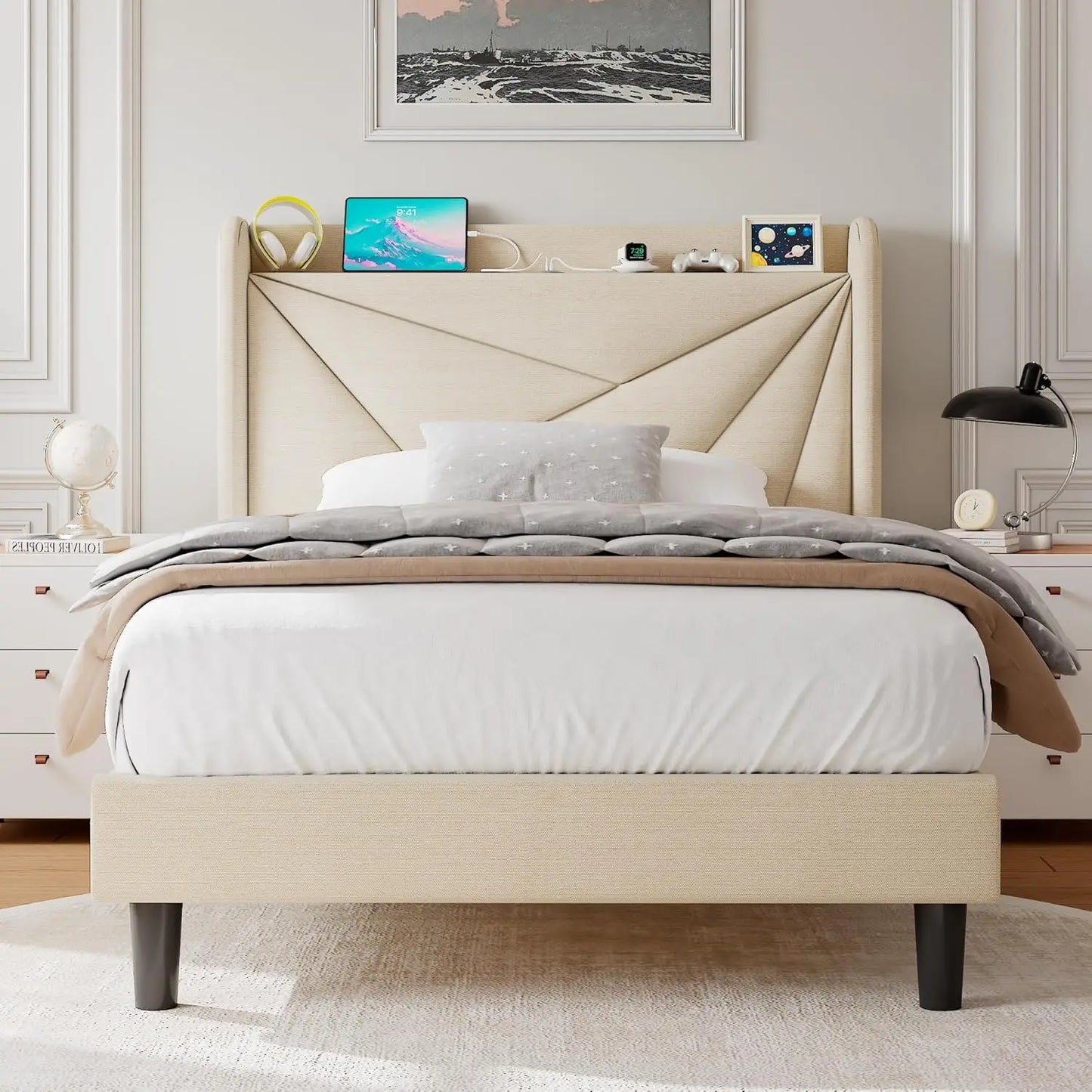 Upholstered Bed Frame with Charging Station, Platform Bed Frame with Storage Headboard, Solid Wood Slats Support, No BBox Spring