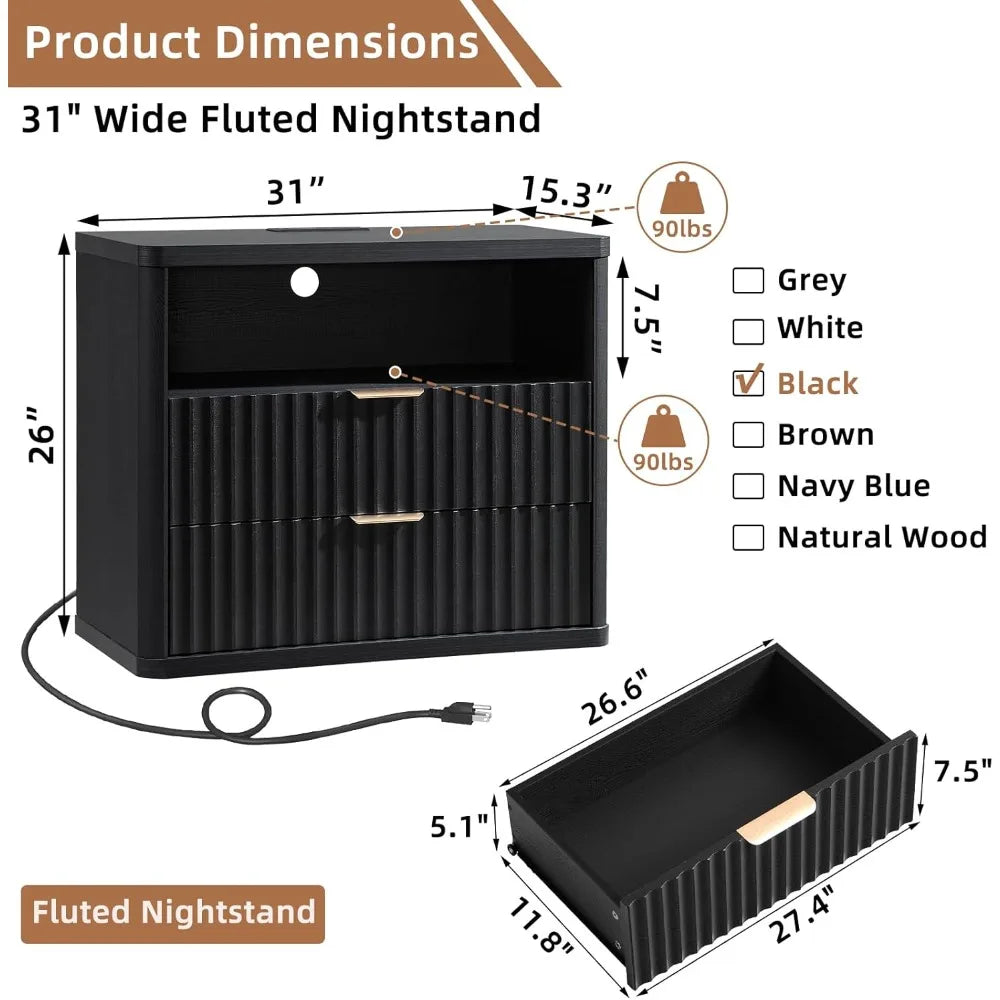31" Wide Fluted Night Stand Set of 2 with Charging Station, Oversized Extra Large 2 Drawers Nightstand,Black Wood，Customized