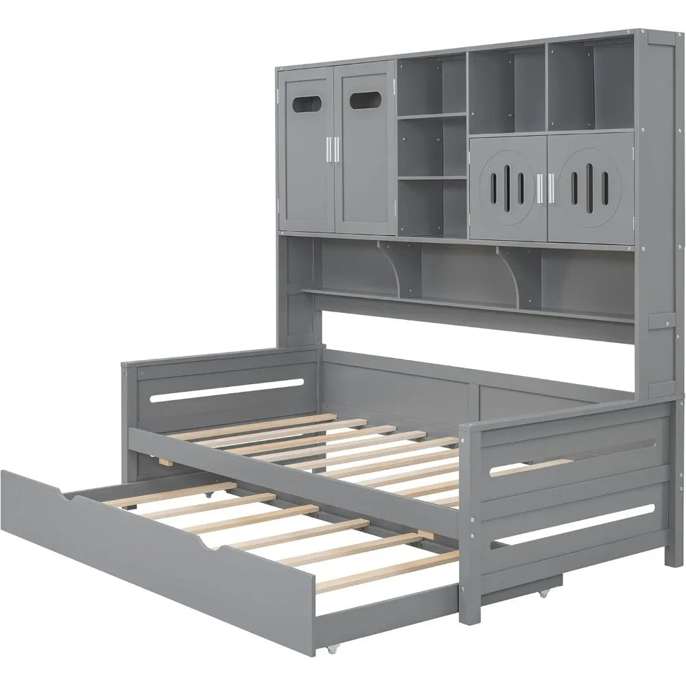 Gray Merax Twin Daybed with Trundle, Bookcase, and Cabinet Shelf Combo