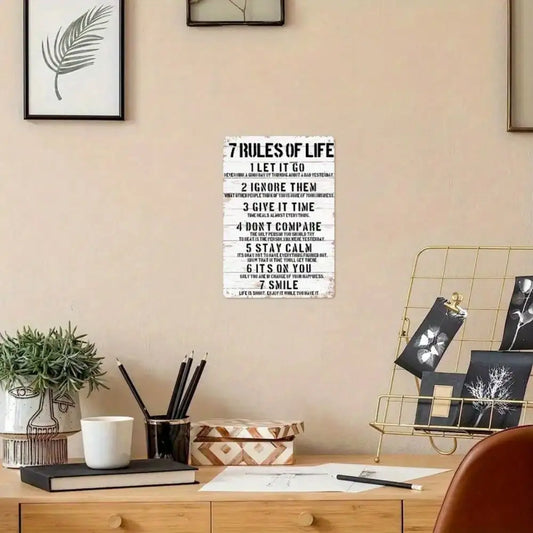 1PC Motivational Tin Sign - "7 Rules of Life" Classic Text Design for Home & Office Decor, High-Quality Metal Gift
