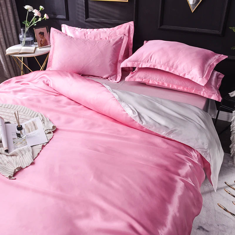 Solid Silk Bedding Set with Bed Sheet Duvet Cover Pillowcase Satin Single Couple Bedsheet King Queen Double Twin Size