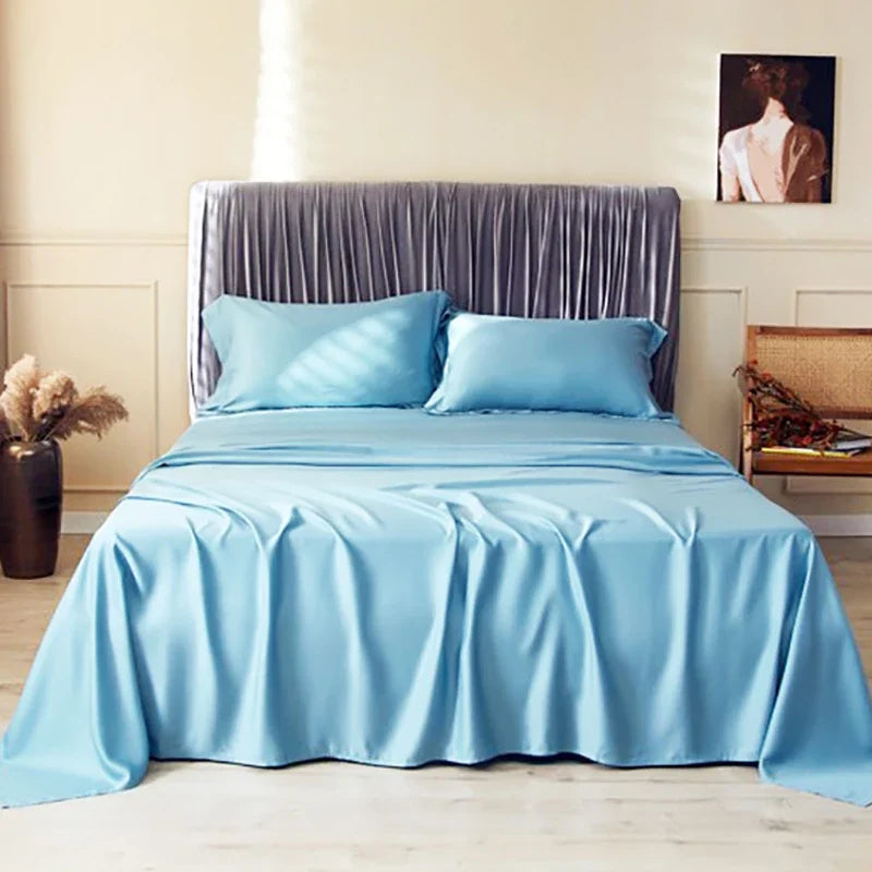 Summer Luxury Satin Silk-like Bed Sheet Set (Flat Sheet/Fitted Sheet + Pillowcase) Solid Color Mattress Cover Twin Full Queen