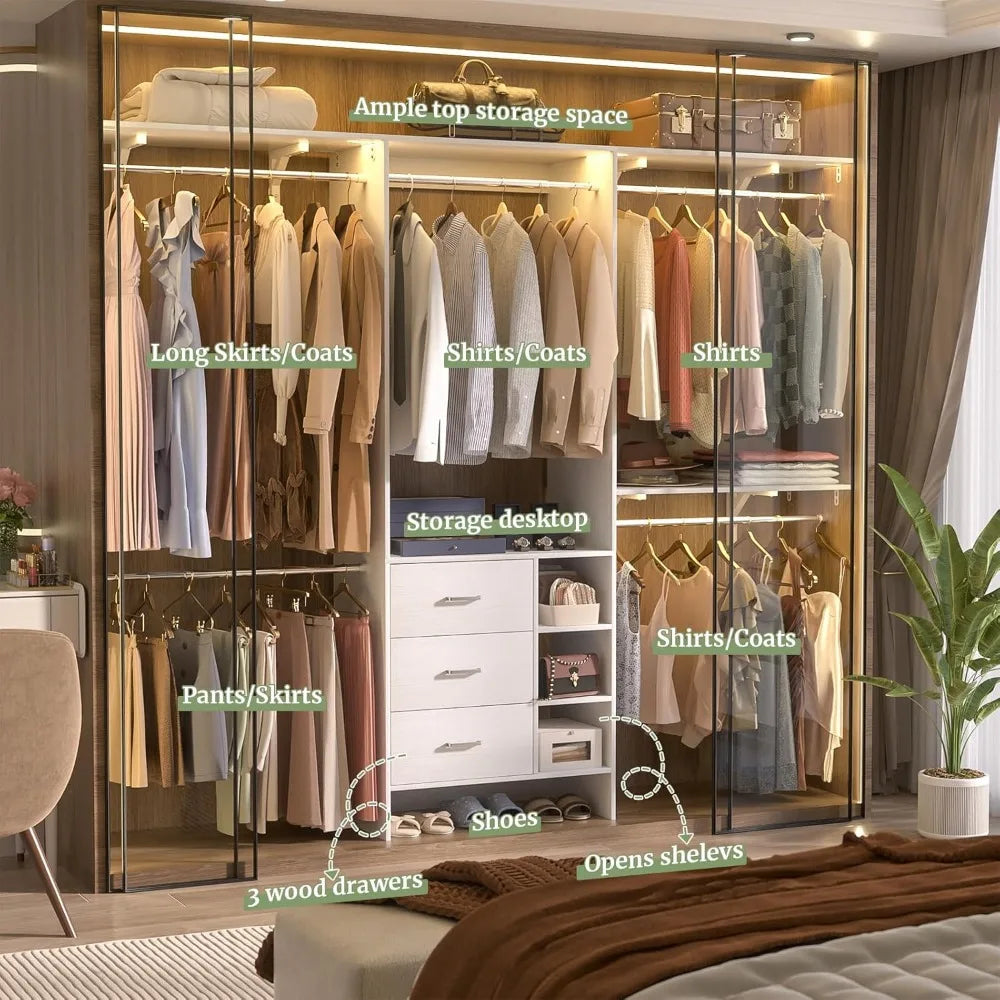 Aheaplus Closet System, Closet Organizer with 3 Wooden Drawers, 8FT Closet Organizer System, 96’’ Walk-in Closet Wardrobe Clothe
