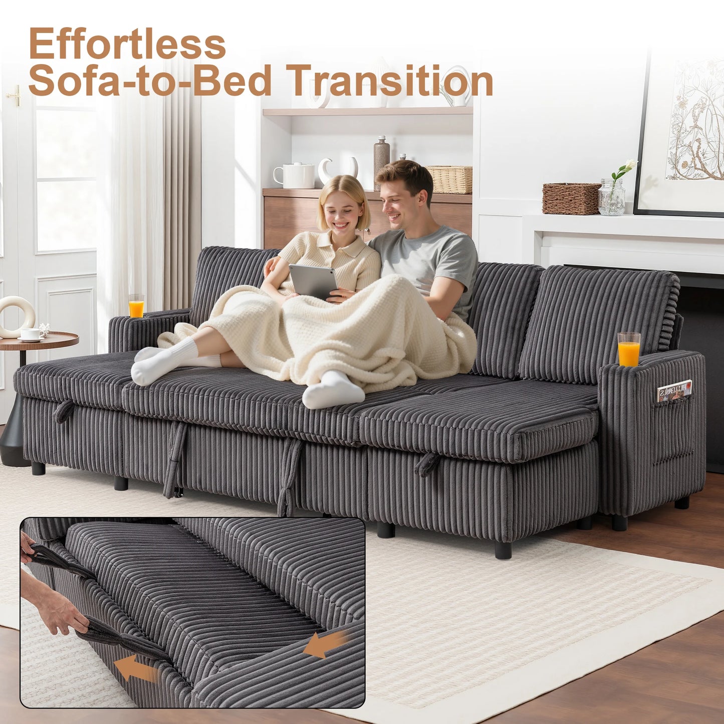 102" Plush Corduroy Sleeper Sofa Bed with Storage Chaise Sectional Couch,Pull Out U Shaped Bed with USB Ports for Living Room