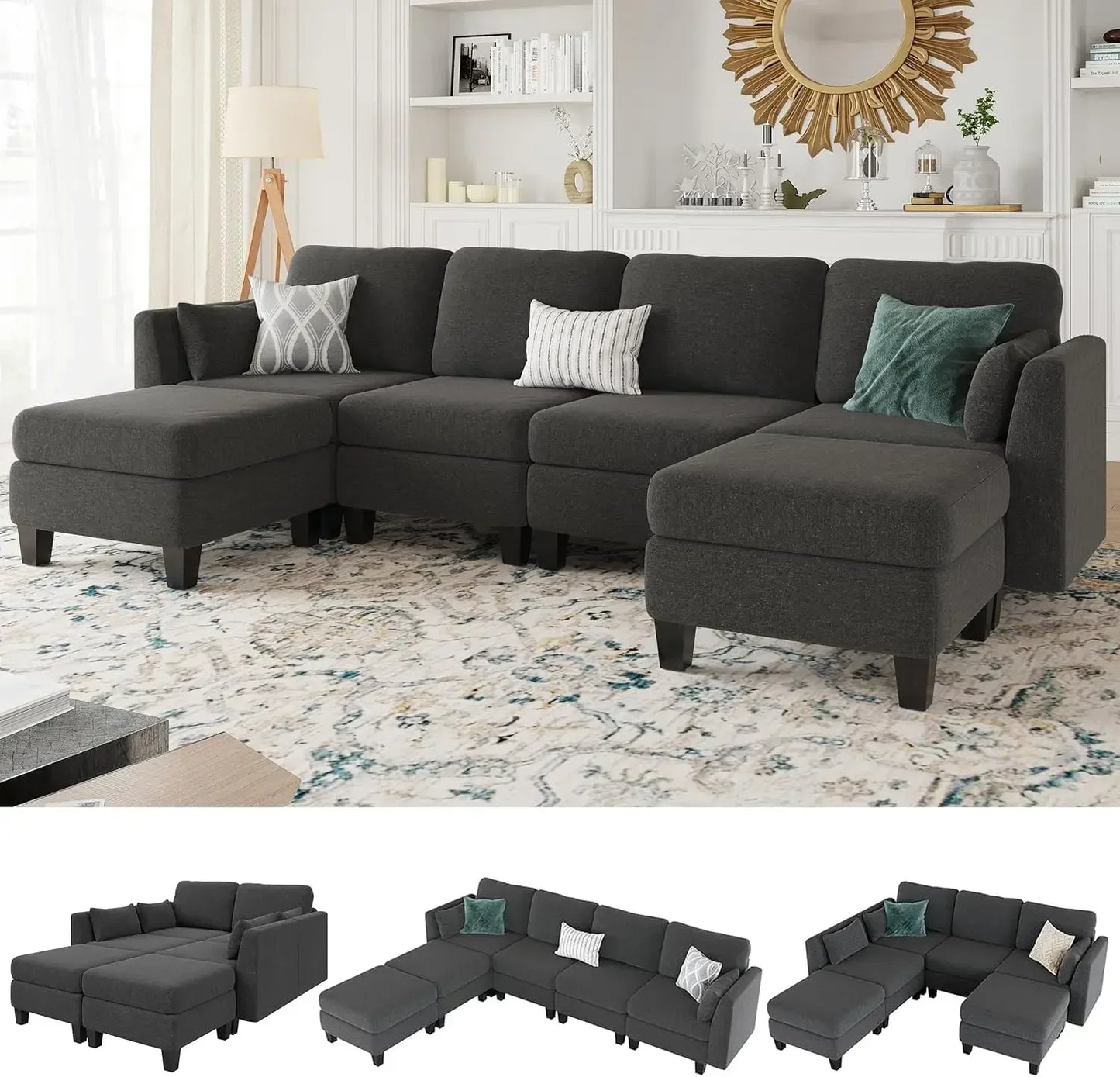 Modular Sectional Sofa, 6 Seaters Modular Sleeper Sofa Couch, Comfy Sectionals Couches Bed, Convertible Sofas Customized