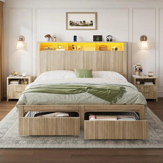 Bed Frame with Headboard and Storage Drawers, Bed Frame with LED Light and Charging Port, Wavy Wood Grain Design