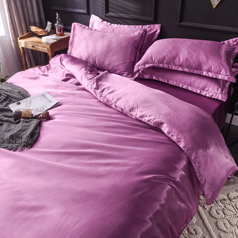 Solid Silk Bedding Set with Bed Sheet Duvet Cover Pillowcase Satin Single Couple Bedsheet King Queen Double Twin Size