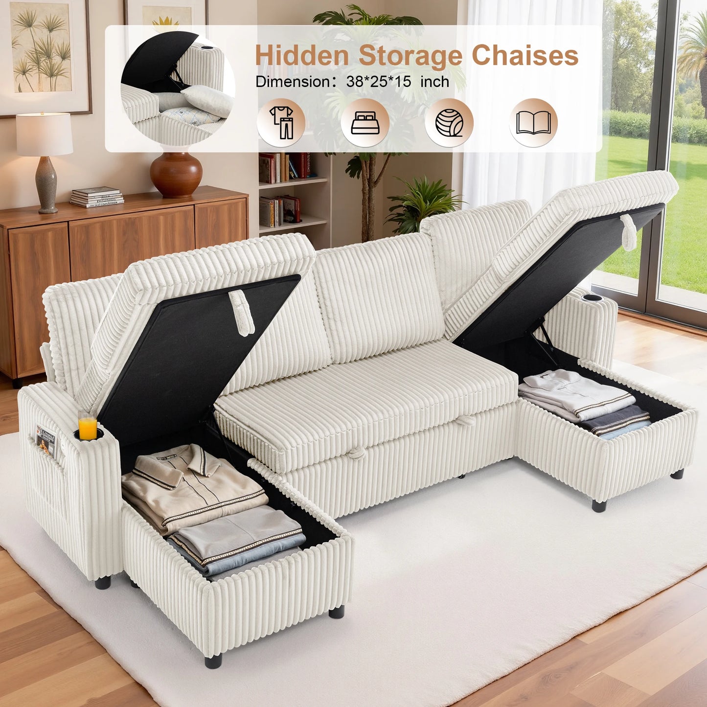 102" Plush Corduroy Sleeper Sofa Bed with Storage Chaise Sectional Couch,Pull Out U Shaped Bed with USB Ports for Living Room