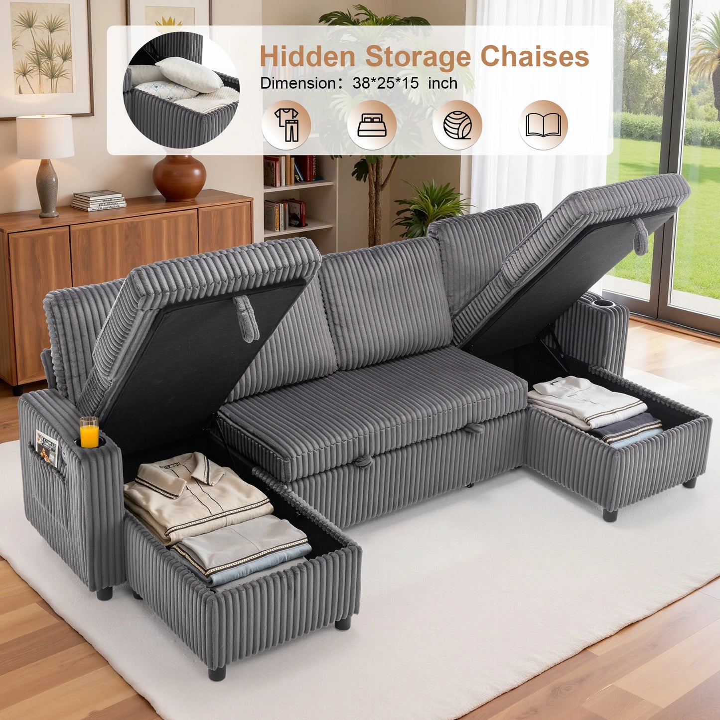 102" Plush Corduroy Sleeper Sofa Bed with Storage Chaise Sectional Couch,Pull Out U Shaped Bed with USB Ports for Living Room