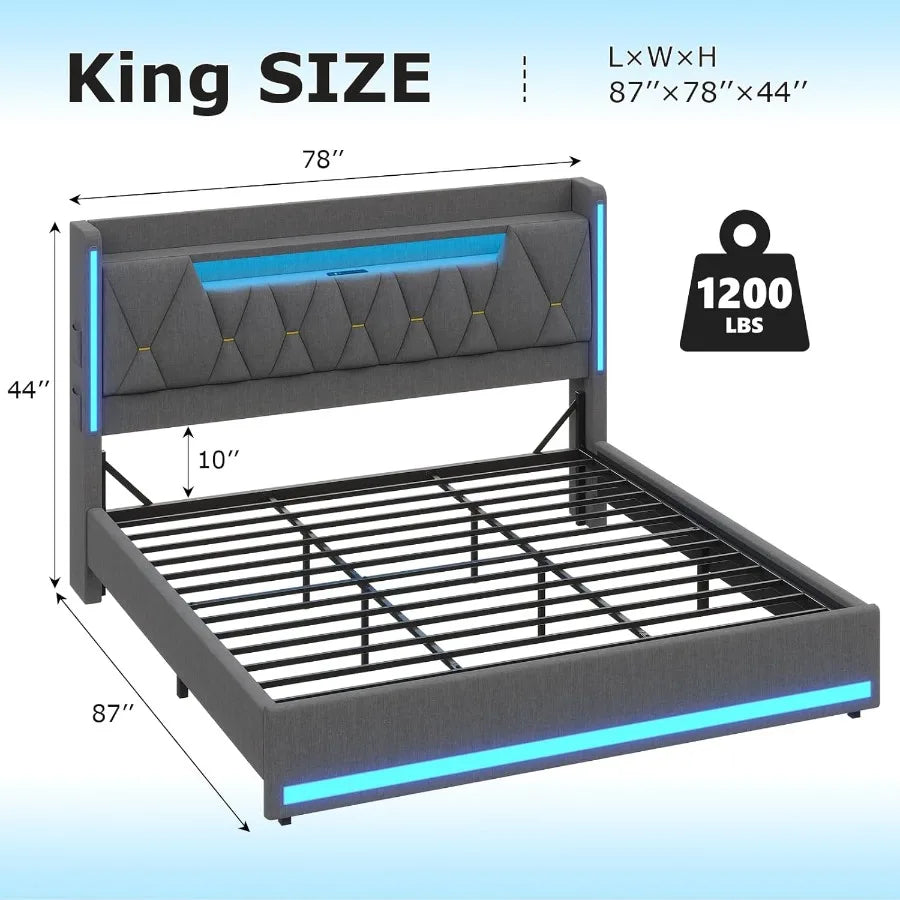 King Size Bed Frame with LED Lights and Charging Station for Modern Bedrooms Hidden Storage Space and 2Tier Shelves Upholstered