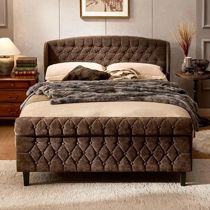 Queen Size Sleigh Bed Frame with Wingback Headboard, Chenille Upholstered Platform Bed Frame with Scroll Footboard,Customized