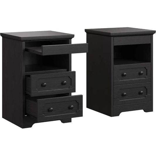 Set of 2 Night Stands, Wooden Bedside Table with Pull Out Tray, 2 Drawers and Open Shelf, Black