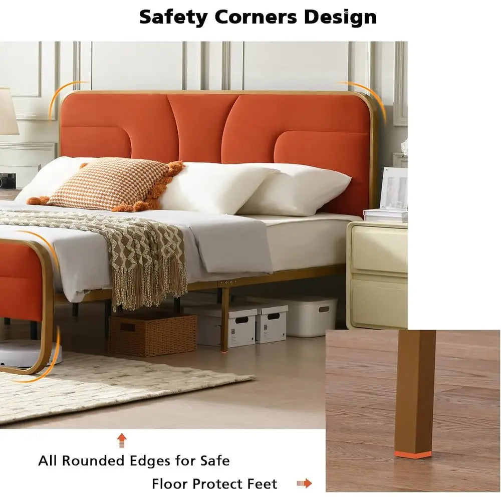 King Size Velvet Upholstered Platform Bed with Headboard,Modern Rounded MetalDesign upported by Metal Base and Wooden,Customized