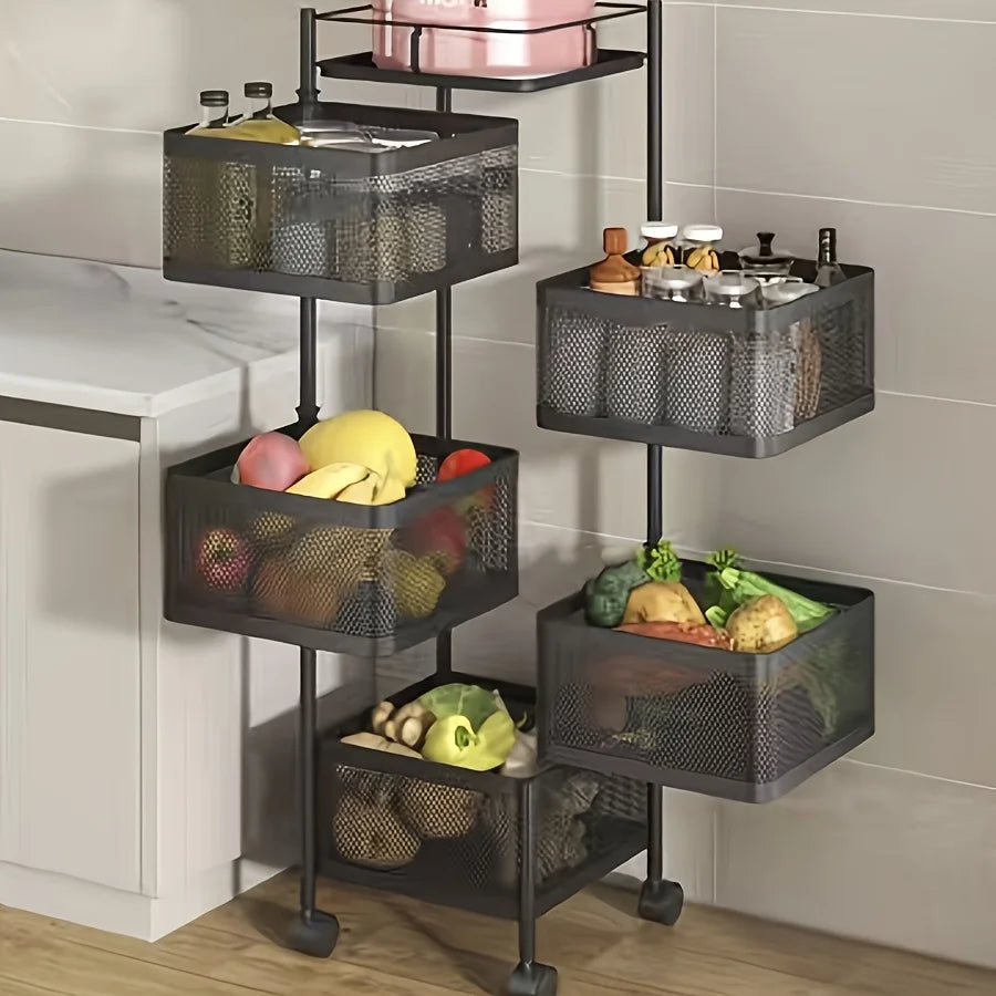 Kitchen Storage Shelf, Rotating 5-Tier Metal Fruit Vegetable Basket, Multi-Layer Storage Trolley on Wheels