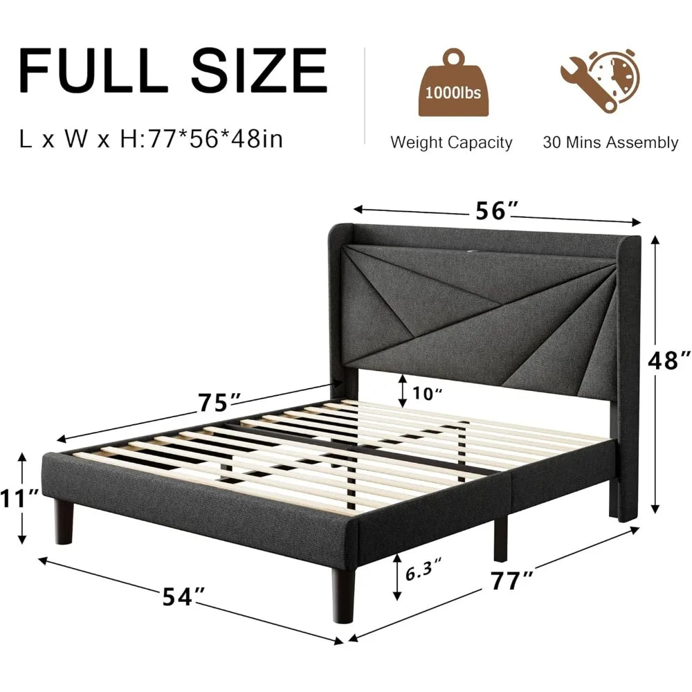 Upholstered Bed Frame with Charging Station, Platform Bed Frame with Storage Headboard, Solid Wood Slats Support, No BBox Spring