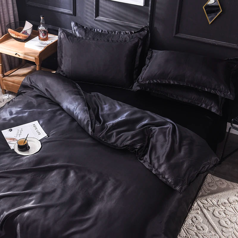 Solid Silk Bedding Set with Bed Sheet Duvet Cover Pillowcase Satin Single Couple Bedsheet King Queen Double Twin Size