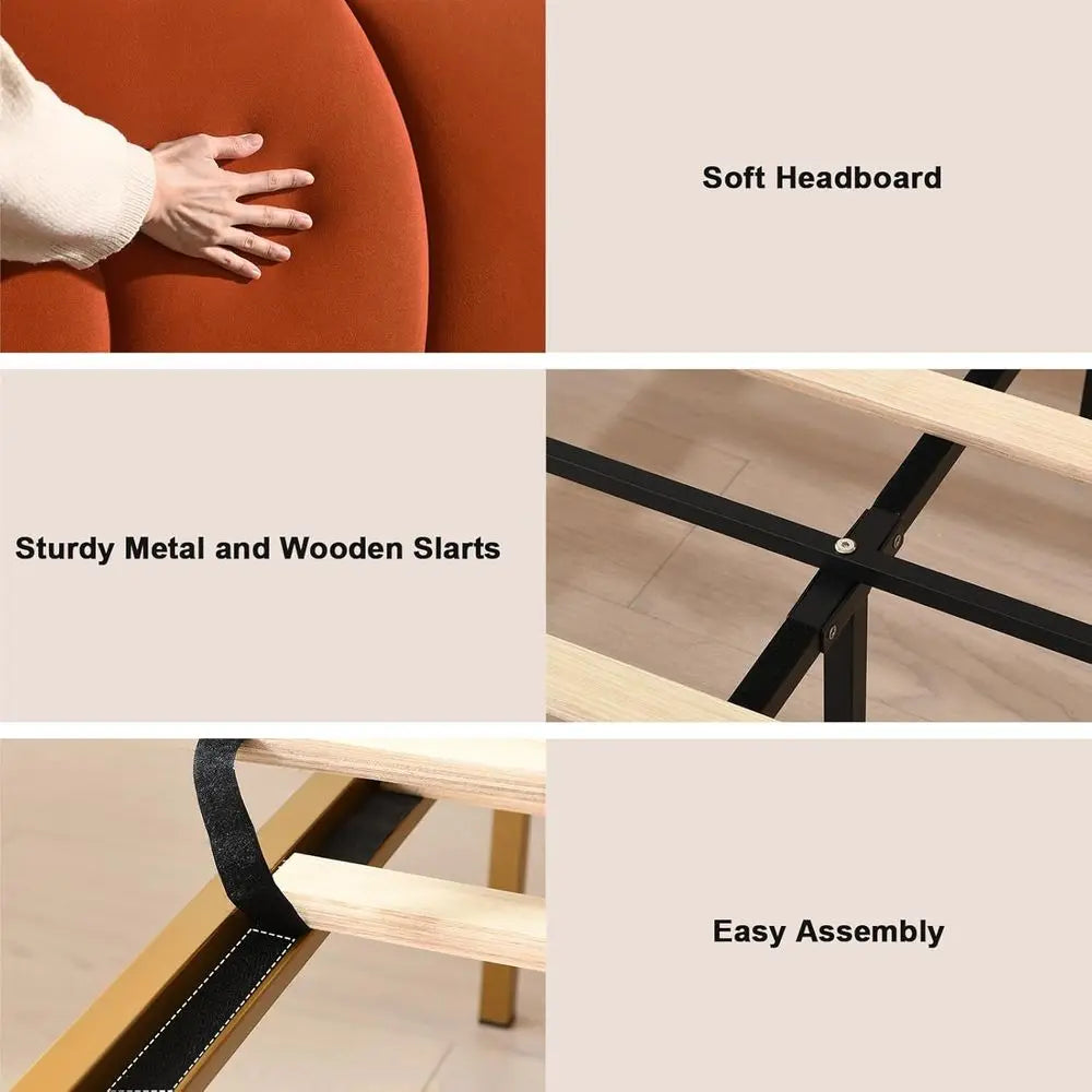 King Size Velvet Upholstered Platform Bed with Headboard,Modern Rounded MetalDesign upported by Metal Base and Wooden,Customized