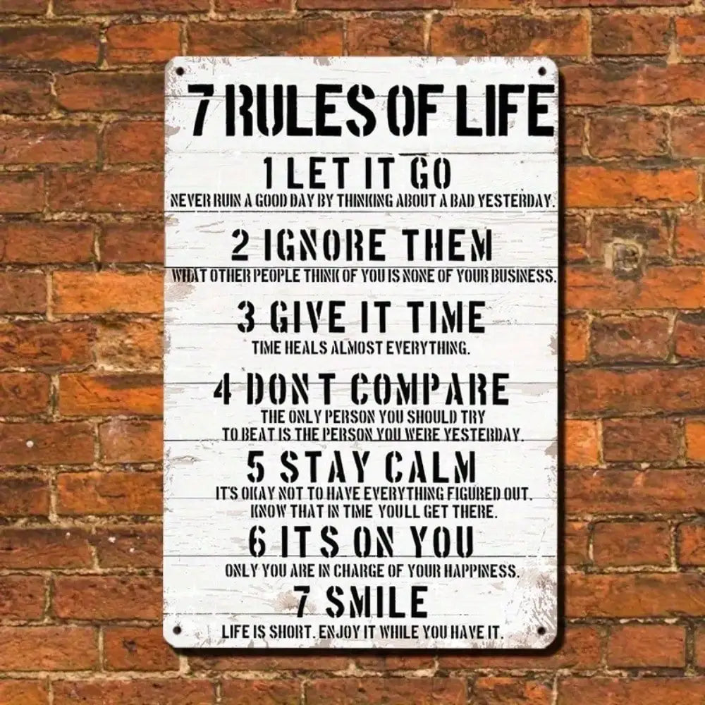 1PC Motivational Tin Sign - "7 Rules of Life" Classic Text Design for Home & Office Decor, High-Quality Metal Gift