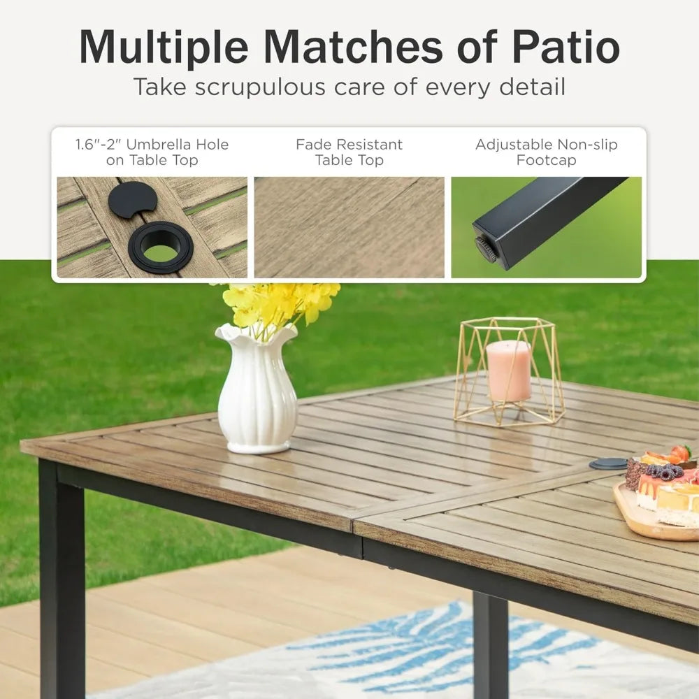 64 Rectangle Outdoor Dining Table, Patio Furniture Wood-Like Tabletop with Umbrella Hole for Patio Lawn Backyard