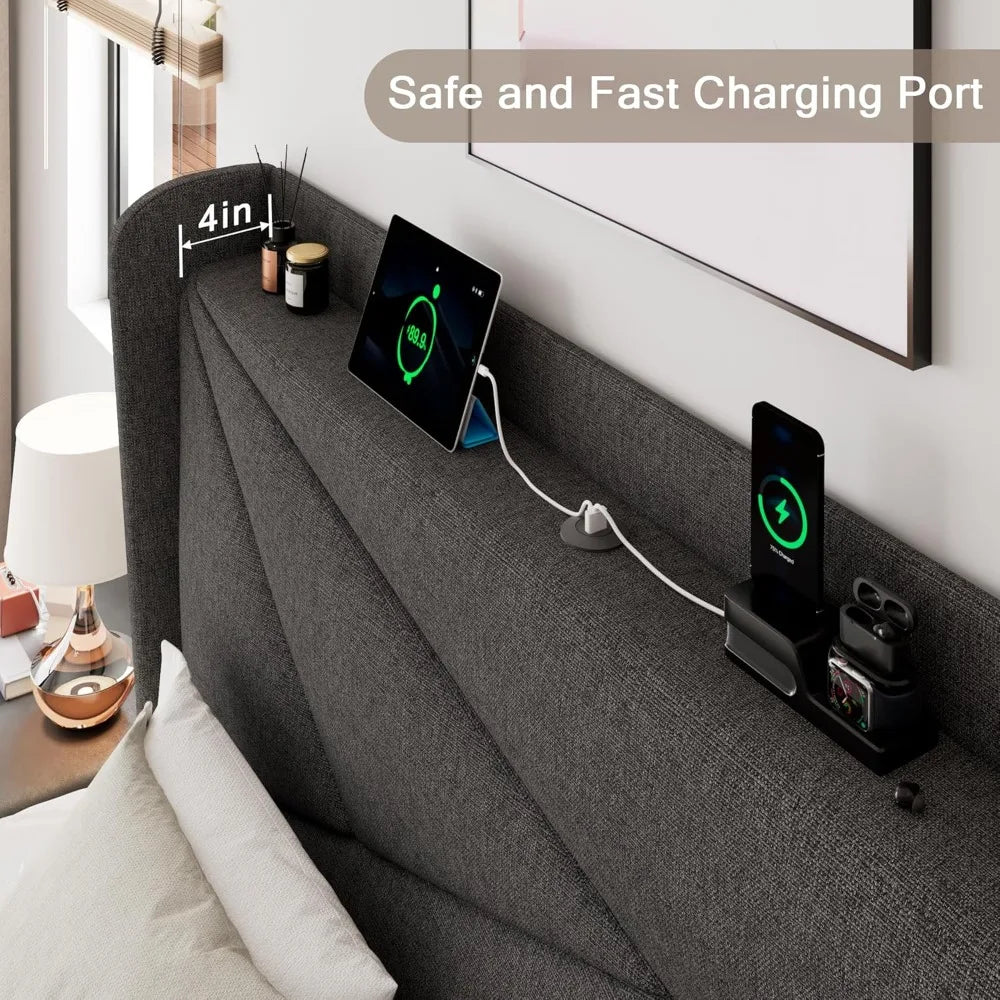 Upholstered Bed Frame with Charging Station, Platform Bed Frame with Storage Headboard, Solid Wood Slats Support, No BBox Spring