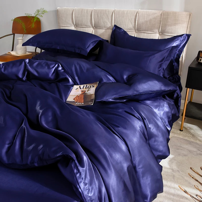 Solid Silk Bedding Set with Bed Sheet Duvet Cover Pillowcase Satin Single Couple Bedsheet King Queen Double Twin Size
